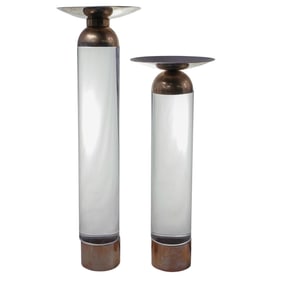 (2 pcs) Charles Hollis Jones Style Lucite and Gilt Metal Candlesticks