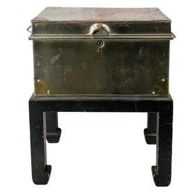 Vintage Jordan and Sons Deed and Cash Steel Lock Box on Wooden Base