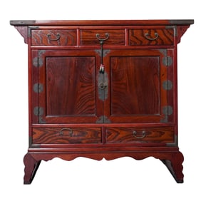 East Asian Wooden Cabinet W/ Calligraphy Motifs On Verso