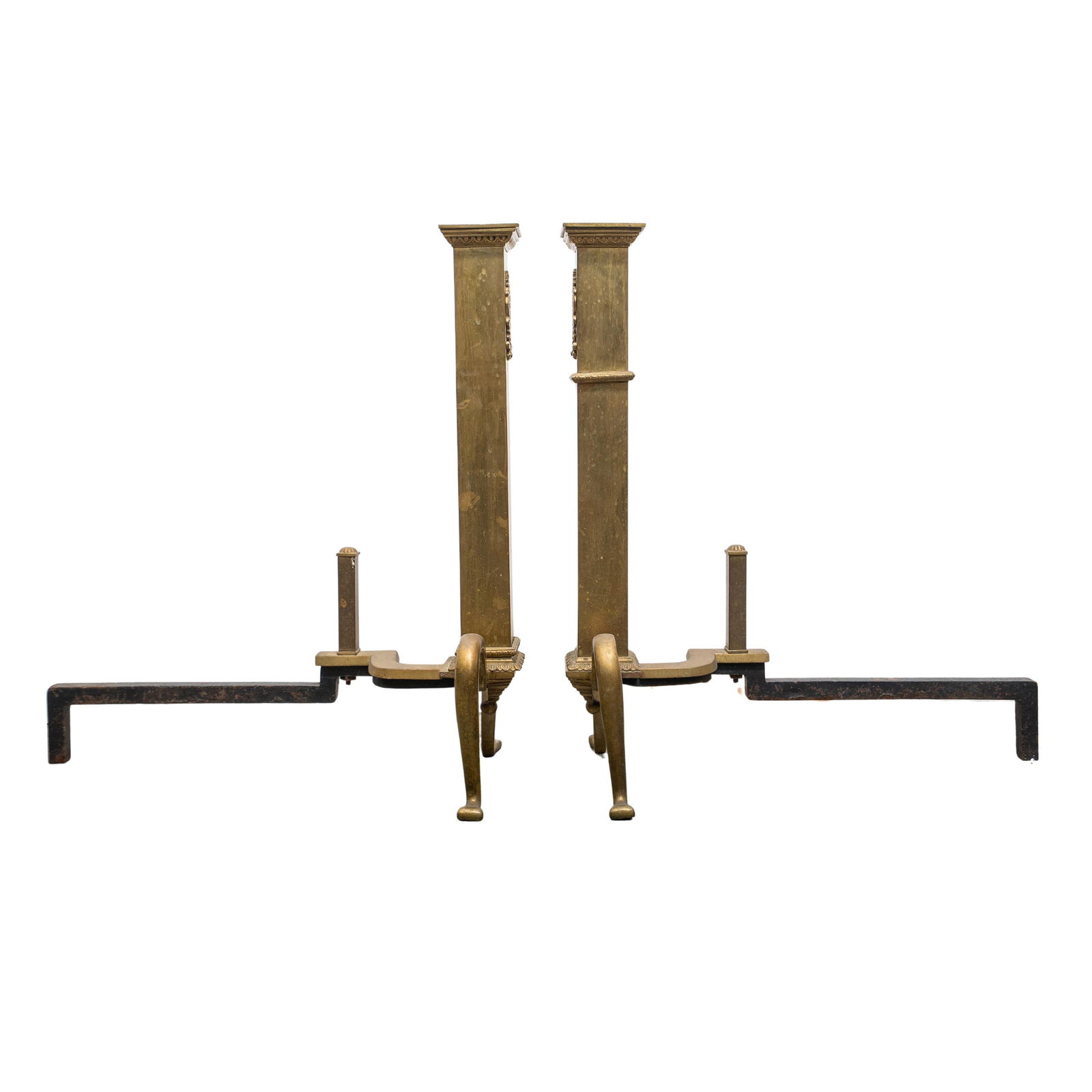 Pair of Antique Edwardian Style Bronze Andirons: Pair of Antique Edwardian Style Bronze Andirons20th century, ContinentalA pair of antique Edwardian style bronze andirons with ornate gilt mountsEach H 22" L 21" W 9 3/8"