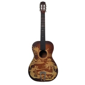 Vintage Tropical Beach Motif Acoustic Guitar