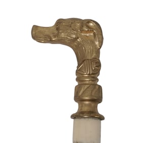 Antique Bone, Lacquered Wood & Gilt Bronze Dog Cane