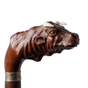 Hand-Carved Wood, Sterling Silver & Bone Bull Cane