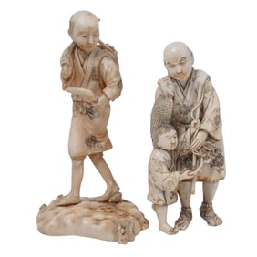 (2 Pc) Antique Japanese Carved Bone Okimono Figurines