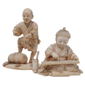 (2 Pc) Antique Japanese Carved Bone Okimono Figurines