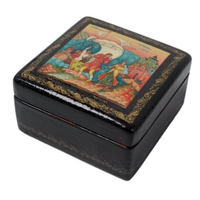 Signed Russian Folk Art Lacquerware Wooden Box