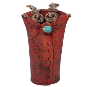 Lisa Lamonthe (1950-2011) 1995 Pueblo Blanket People Pottery Sculpture Signed