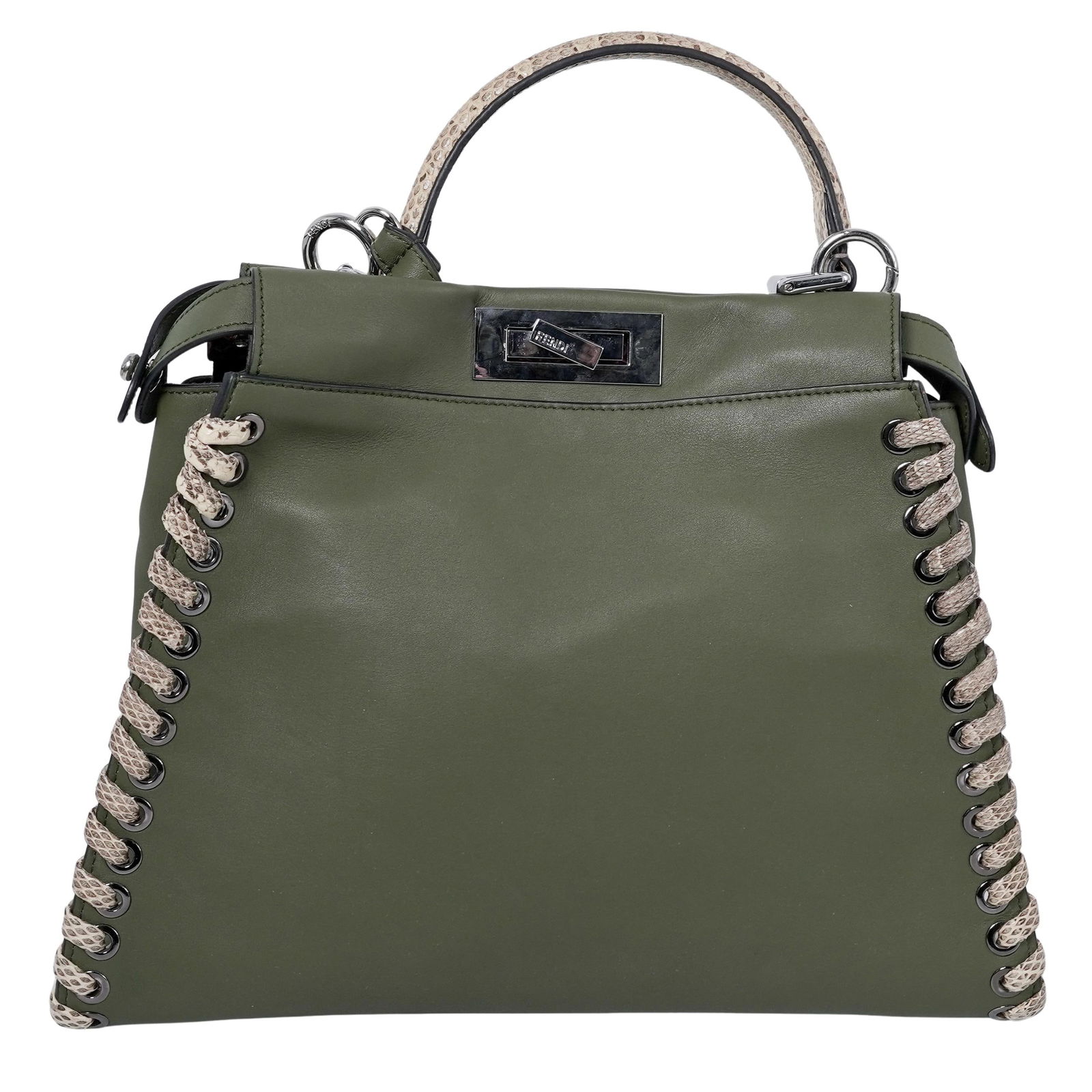 Fendi Style Peekaboo Leather Calfskin Handbag: Fendi Style Peekaboo Leather Calfskin HandbagItaly , 2016Fendi style Peekaboo brown leather large Calfskin handbag with alligator and lizard trimming. first introduced in 2016.H. 10.5" W. 13" x 4.5" d
