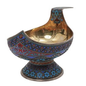Imperial Russian Era Silver Gilt and Enamel Kovsh