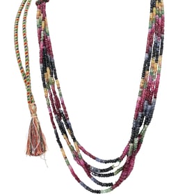 Vintage Beaded Ruby, Emerald and Sapphire Multi Strand Necklace