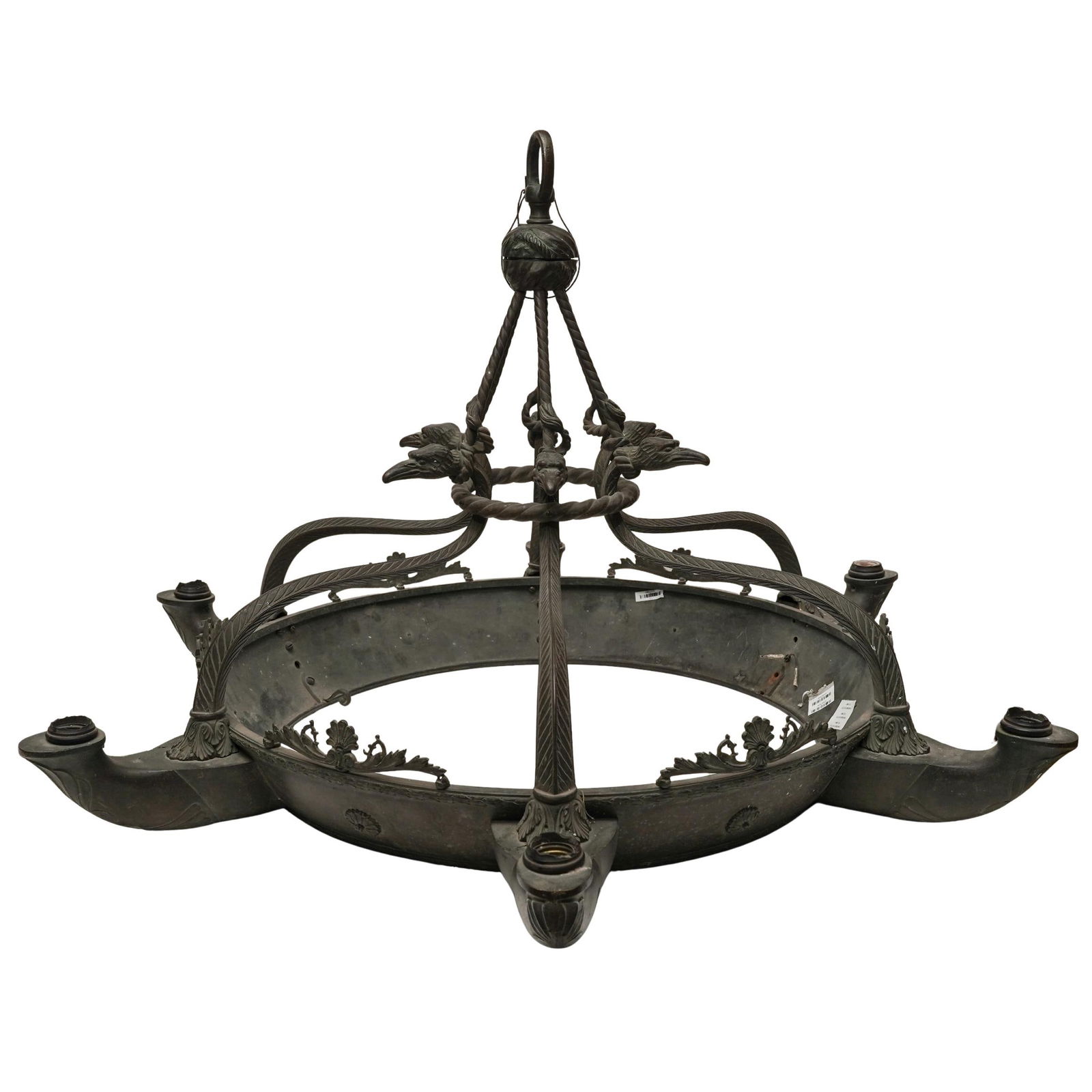 Turn of the Century Bronze Eagle Chandelier: Turn of the Century Bronze Eagle ChandelierLate 19th-early 20th century, ContinentalAntique, turn of the century bronze chandelier with carved eagle motifs with six arms.H 22" L (arms included) 35 1/2