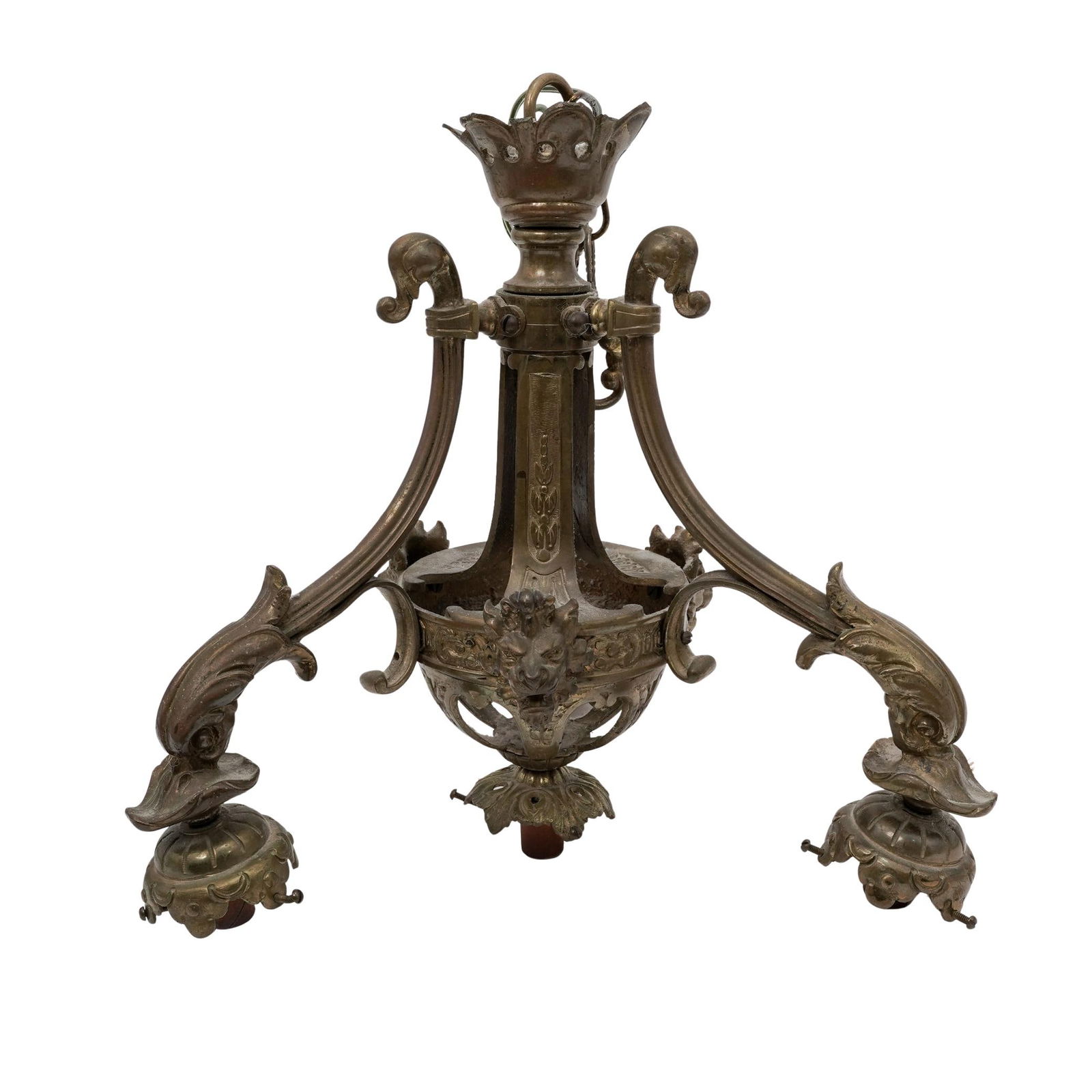 Antique French Empire Style Bronze Chandelier: Antique French Empire Style Bronze ChandelierLate 19th-early 20th century, FranceAntique French Empire style bronze chandelier. Features filigree and floral carved designs with lion motifs.H 13" W 13"