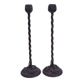 Pair of Vintage Bronze Lotus Flower Candlesticks