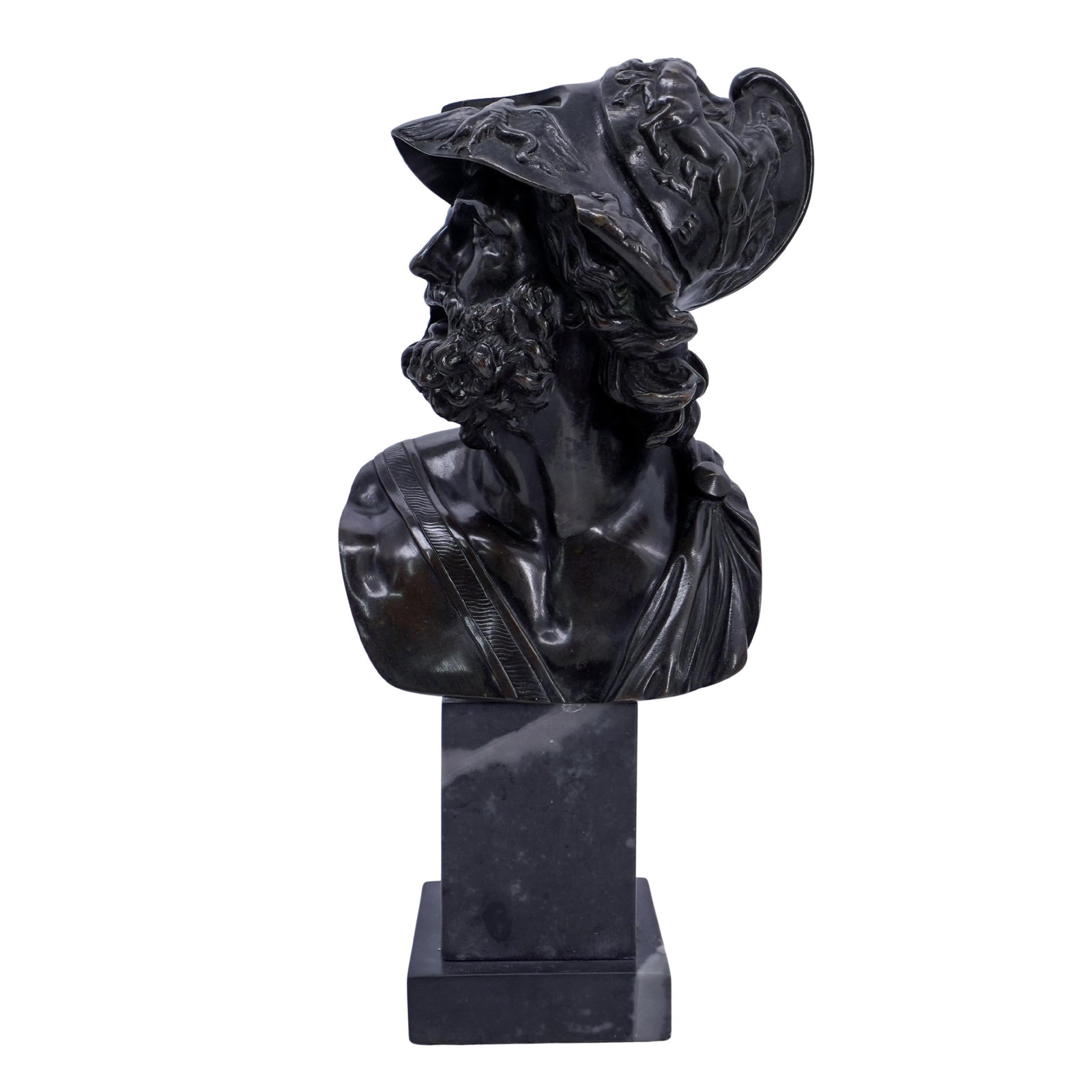 Bronze Neoclassical Menelaus or Ajax Bust: Bronze Neoclassical Menelaus or Ajax Bust 20th c., Europe Bronze bust after "The Pasquino Group" of either Menelaus or Ajax, both of whom fought in the Trojan War, wearing a helmet with reliefs of myt