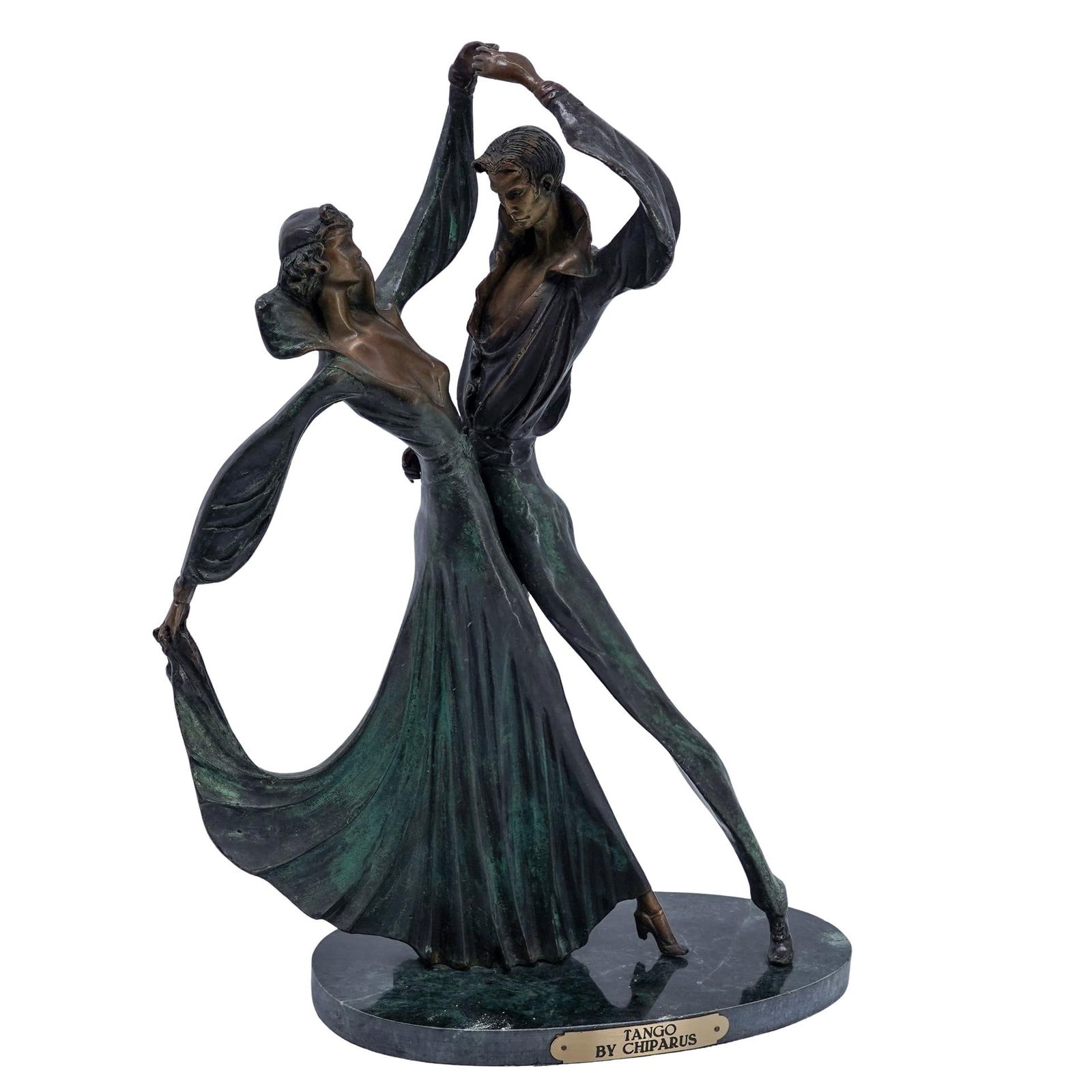 Demetre Chiparus Style "Tango" Bronze Sculpture: Demetre Chiparus Style "Tango" Bronze Sculpture20th century , continentalDemetre Chiparus style "Tango" Bronze Large Statue dancing couple on a marble base.The sculpture depicts a man and a woman danc