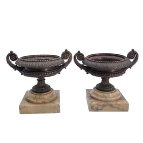 Pair of 19th C. Neoclassical Bronze & Sienna Marble Tazzas
