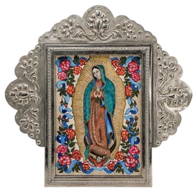 Bertha Cuellar (Mexican) Mixed Media on Board Madonna Icon Painting