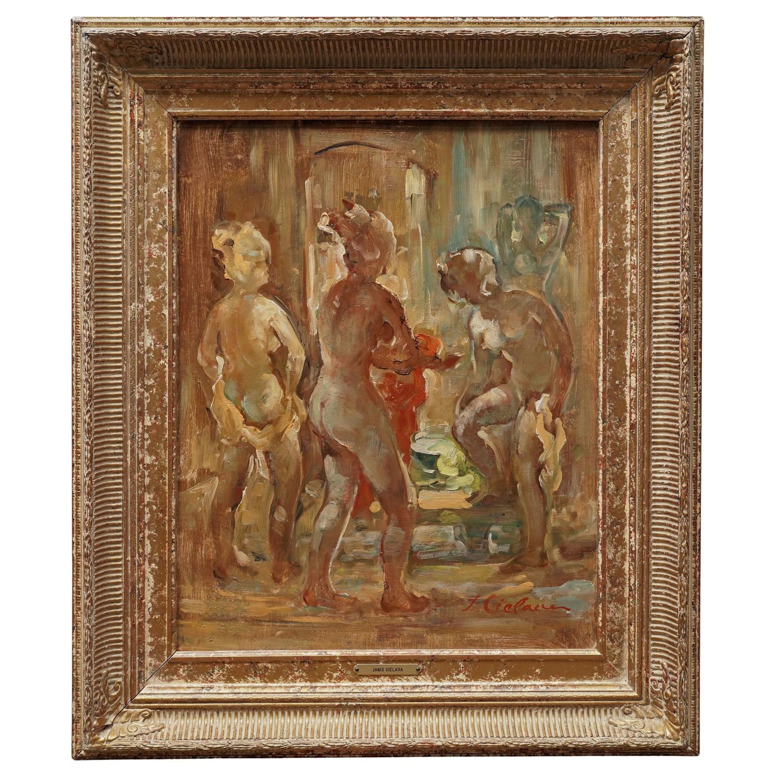 Janis Cielava (Latvia, 1890-1968) Oil on Panel Painting: Janis Cielava (Latvia, 1890-1968) Oil on Panel PaintingMid 20th Cent. LatviaThe work is created in a style reminiscent of Impressionism and Expressionism. The piece features three indistinct, possibly