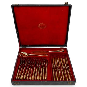 (26 Pc) Christofle Silver Plated "Marly" Gilded Fish & Knives Cutlery Set
