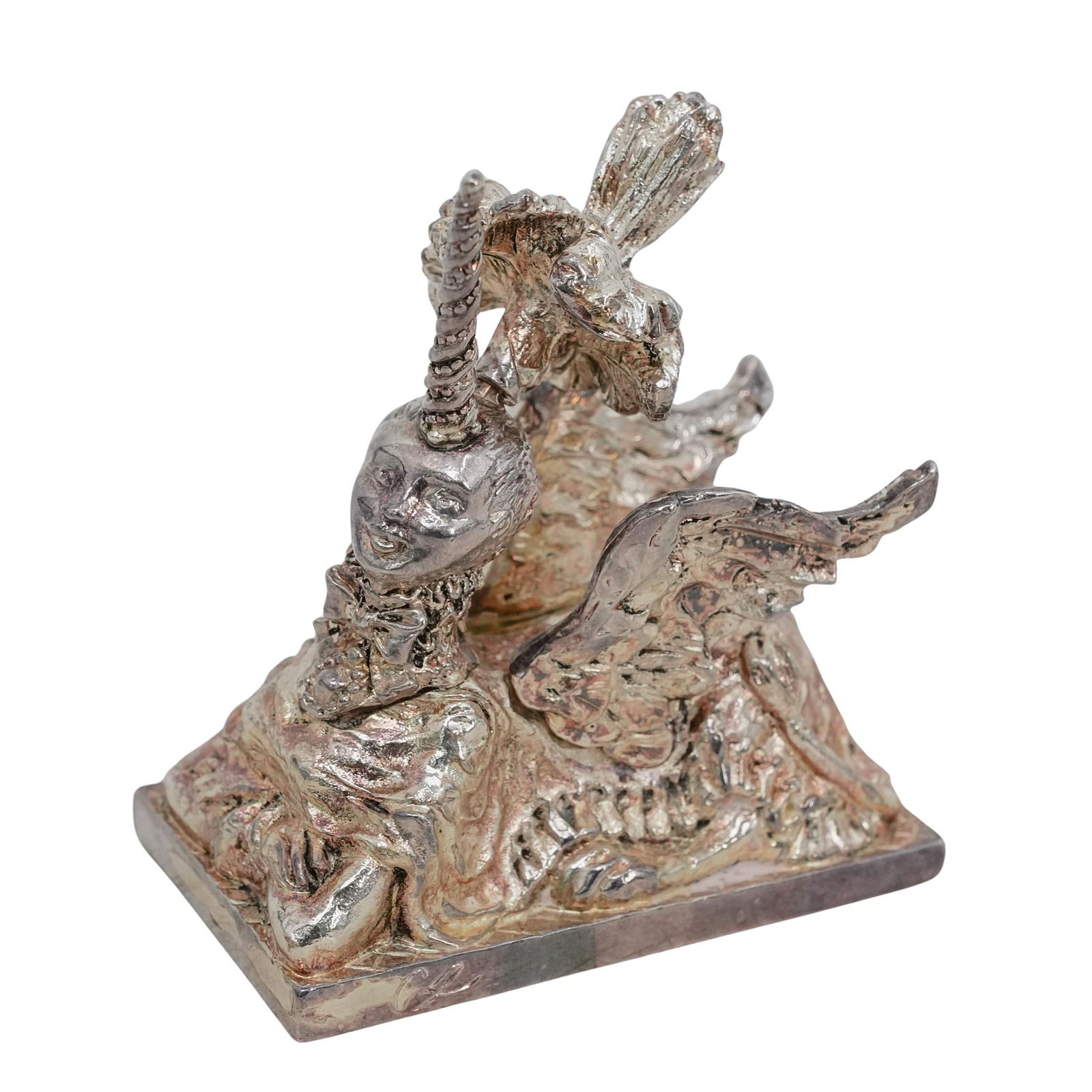 Christofle By Lacroix Silver Plate Unicorn Figurine: Christofle By Lacroix Silver Plate Unicorn Figurine1998, FranceChristian Lacroix for Christofle "Unicorn Sphynx" silver plated sculpture and paperweight, dated 1998. With the inscription text in Frenc