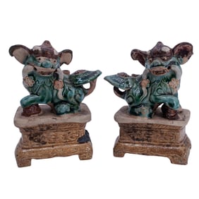 Pair Antique Chinese Sancai Glaze Ceramic Foo Dogs/ Guardian Lions