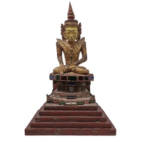 Antique Large Burmese Gilt Lacquered Buddhavista on Wooden Base