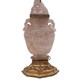 Antique Chinese Carved Rose Quartz Urn Lamp