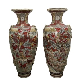Pair of Signed Monumental Satsuma Stoneware Vases