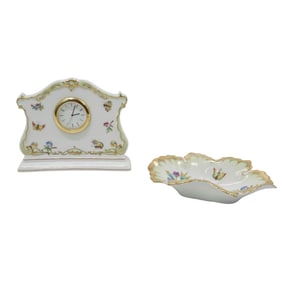 (2pc) Herend Porcelain Queen Victoria Table Clock and Dish