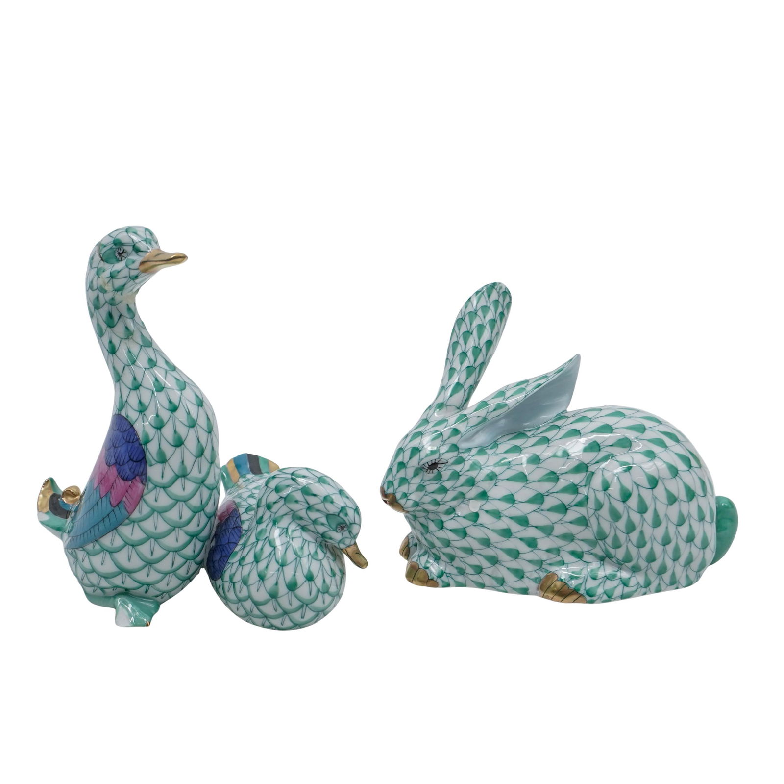 (2pc) Herend Porcelain Green Fishnet Rabbit and Ducks (1 of 11)