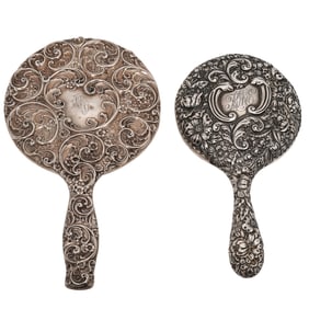 (2pc) Antique Sterling Silver Hand Repousse Mirrors