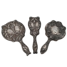 (3pc) Art Nouveau Sterling Silver Vanity Mirror and Brush