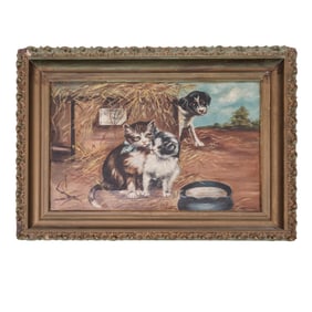Antique Kitten and Puppy Oil Painting