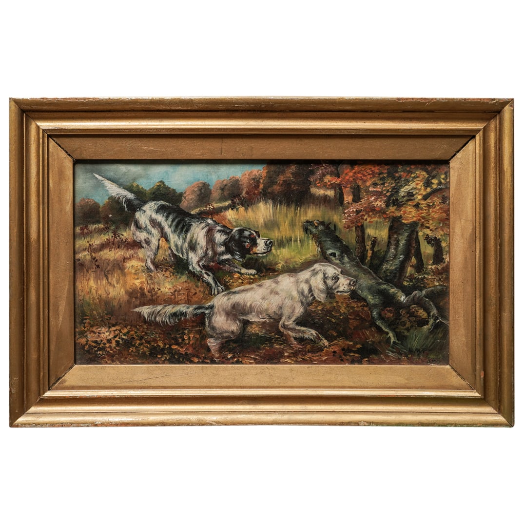 After Edmund Henry Osthaus Hunting Dog Oil Painting: After Edmund Henry Osthaus Hunting Dog Oil Painting20th c., ContinentalOil on canvas painting in the style of Edmund Henry Osthaus (American, 1858-1928) depicting two setter dogs on the hunt. It is si