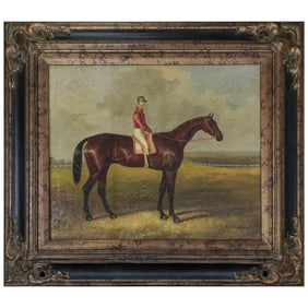 Signed Robinson Racehorse & Jockey Portrait Oil Painting