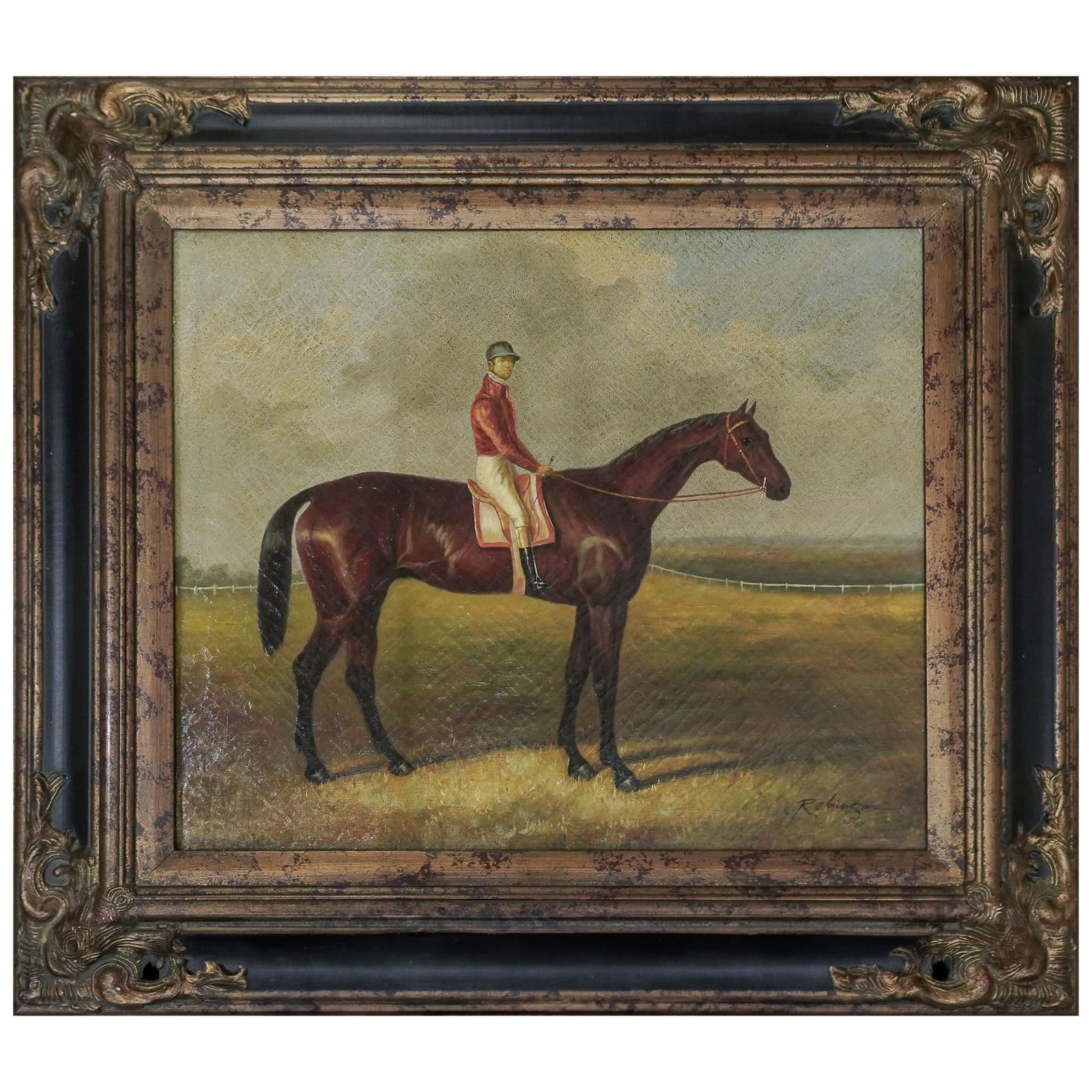 Signed Robinson Racehorse & Jockey Portrait Oil Painting (1 of 5)