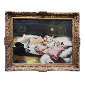 Antique Interior Scene Oil on Canvas Painting