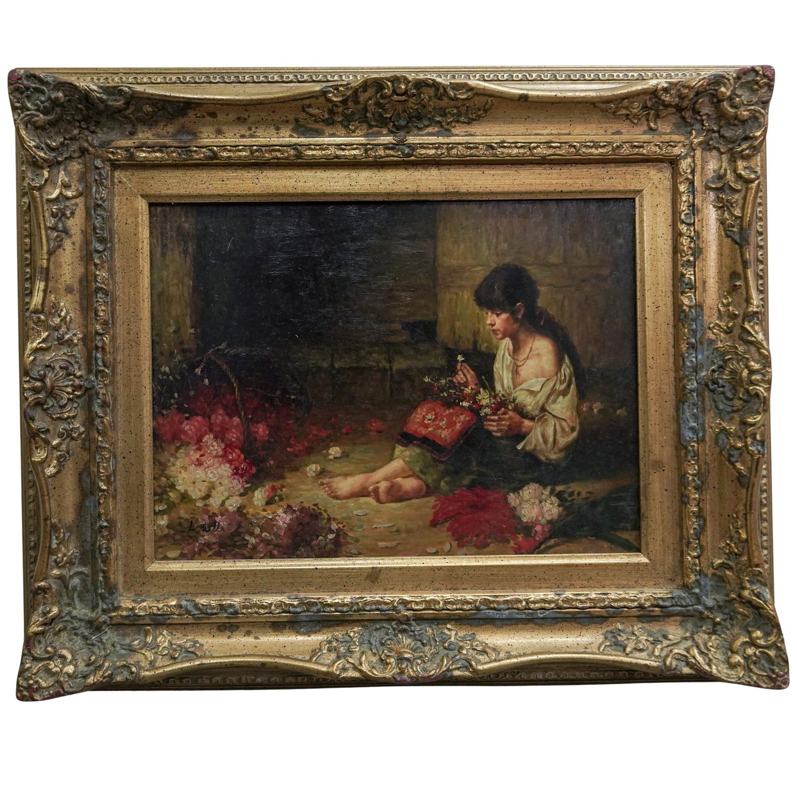 Louis Betts (American, 1873-1961) Girl With Flowers Oil Painting: Louis Betts (American, 1873-1961) Girl With Flowers Oil Painting20th c., USAOil on board painting depicting a seated girl making flower bouquets. Signed L. Betts in the lower left and housed in an orn