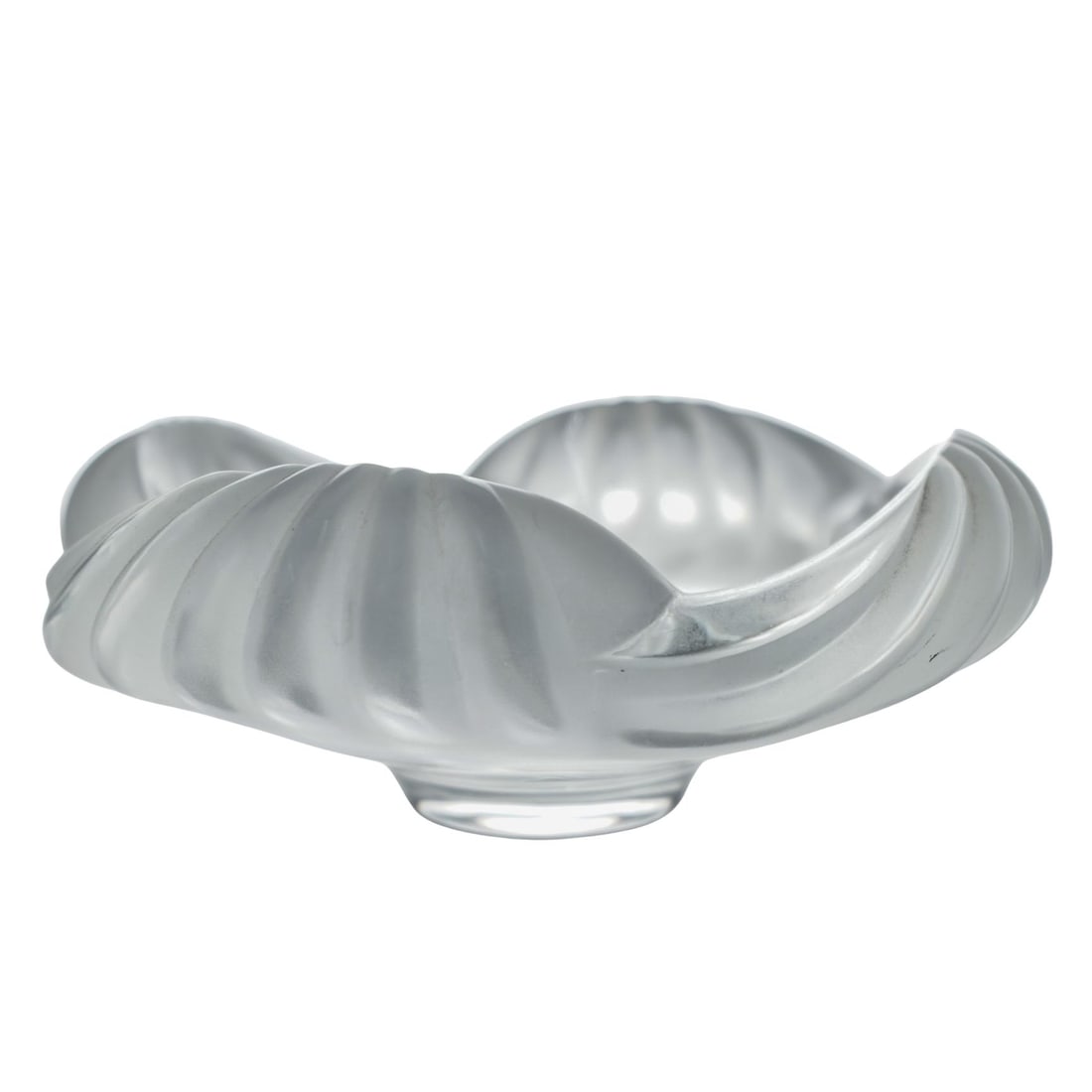 Lalique Frosted Crystal Dish: Lalique Frosted Crystal DishMid 20th Cent.FranceThe dish features a frosted and clear glass design with a swirling, ridged, waveform pattern. The frosted finish is on the top, with the crystal taperin