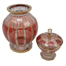 (2pc) Moser Gilt Cranberry Glass Vase and Lidded Jar