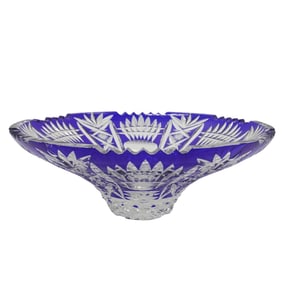 Large Bohemian Blue Cut to Clear Crystal Centerpiece Bowl