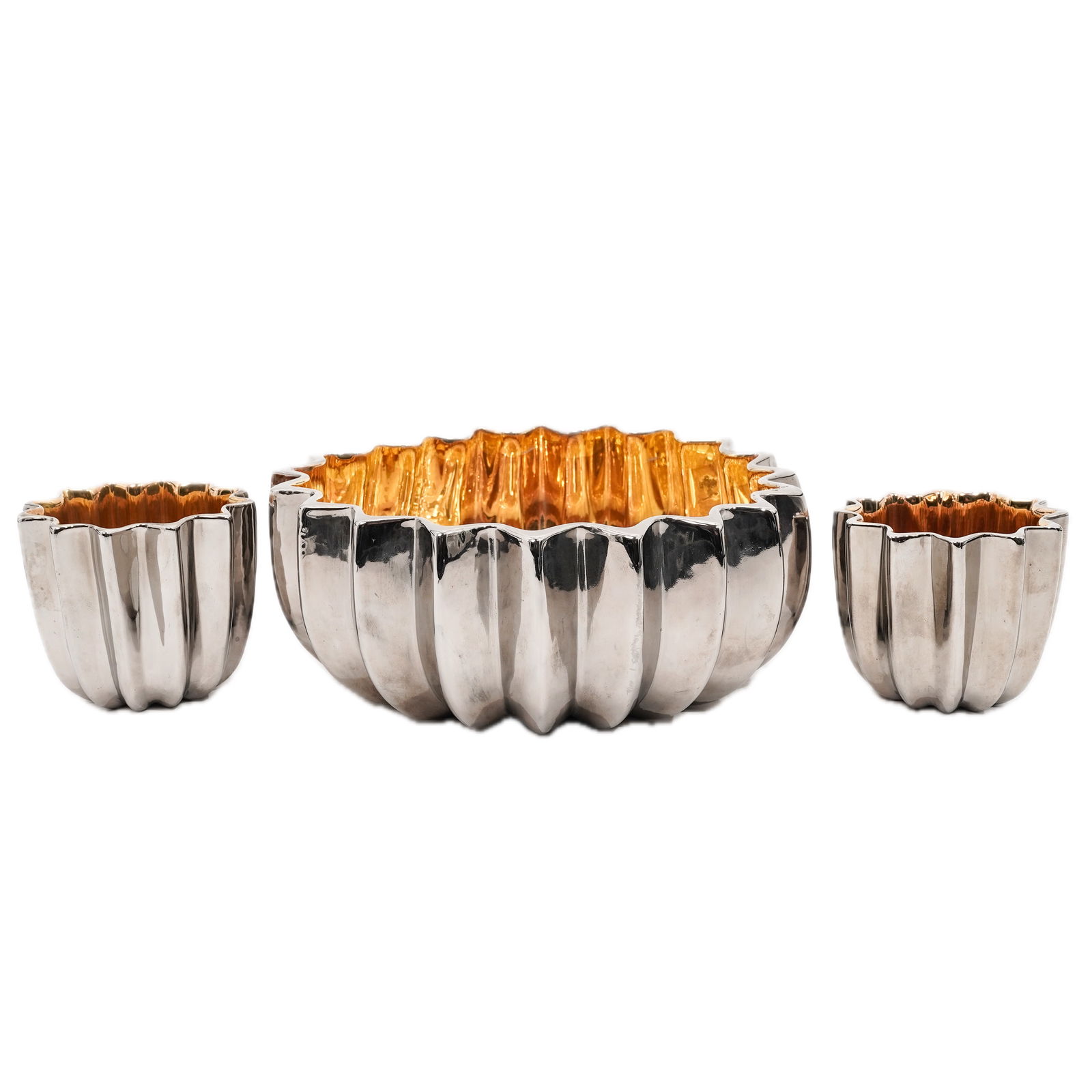 (3 pcs) Buccellati Italian Ceramic Silver and Gilt Glazed Star Bowl w/ Cups (1 of 11)
