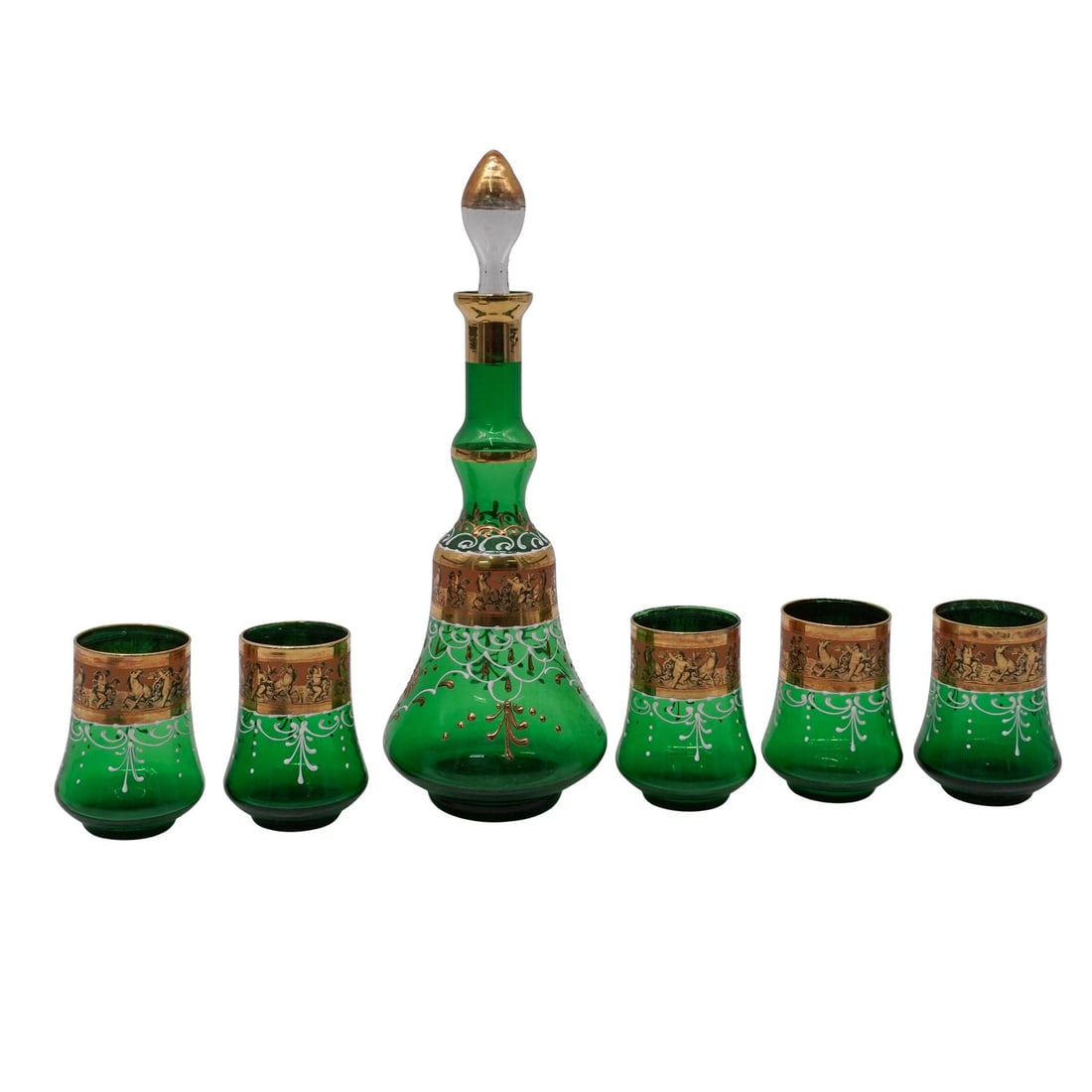 (6 pc) 22k Venetian Green Glass Decanter Set (1 of 12)