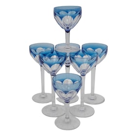 (7pc) Val Saint Lambert Blue Cut to Clear Crystal Wine Goblets