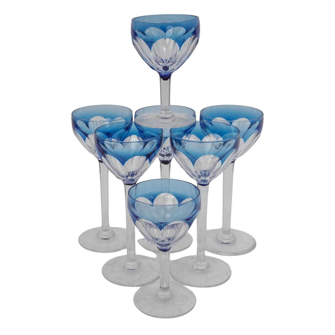 (7pc) Val Saint Lambert Blue Cut to Clear Crystal Wine Goblets: (7pc) Val Saint Lambert Blue Cut to Clear Crystal Wine GobletsMid-20th. Cent. Belgium.A refined set of seven hand-cut crystal wine glasses, featuring striking cobalt blue overlay cut to clear design.