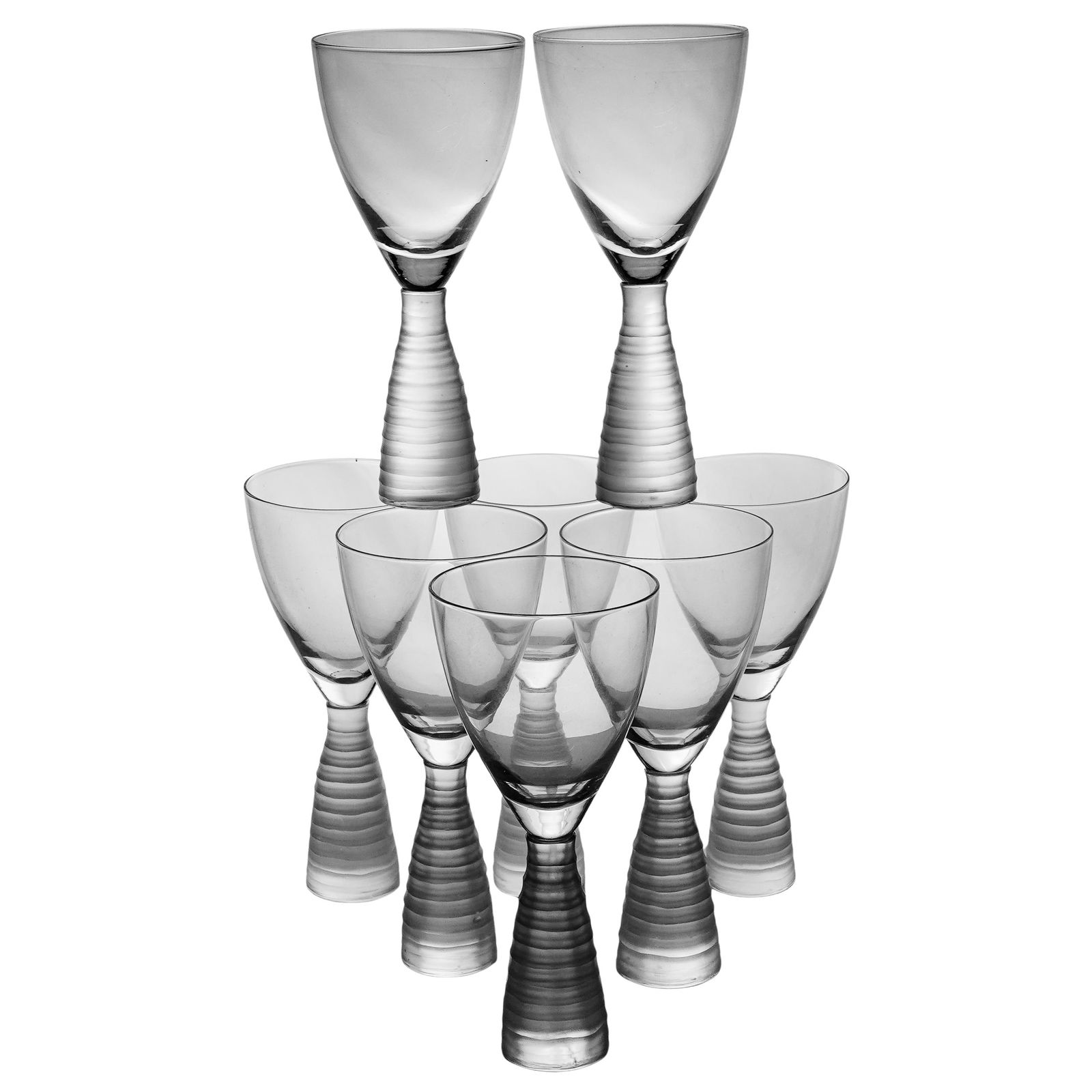 (8pc) LSA Brand "Organza" Glass Frosted Stem Goblets: (8pc) LSA Brand "Organza" Glass Frosted Stem Goblets20th Cent. ChinaA set of clear glass wine goblets with conical, frosted stems that have a distinct ribbed or stacked texture.H: 8" Dia: 7"