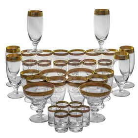 (34 Pc) Gold Encrusted Crystal Glassware Set