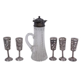 (6pc) Antique Sterling Silver Liqueur and Pitcher Set