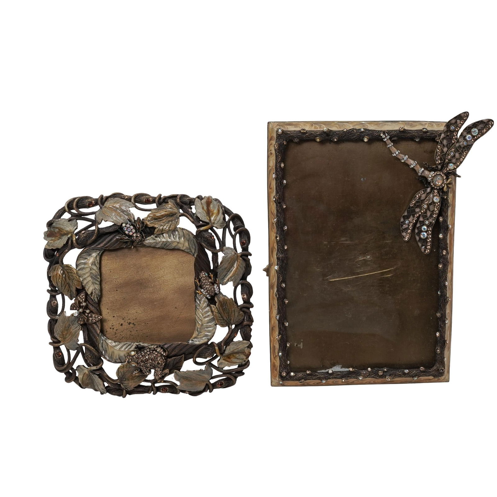 (2 Pc) Jay Strongwater Enamel & Crystal Picture Frames: (2 Pc) Jay Strongwater Enamel & Crystal Picture Frames20th century , USA2pc nature inspired Jay Strongwater picture frames . Made of metal and enamel both featuring intricate design with nature inspir