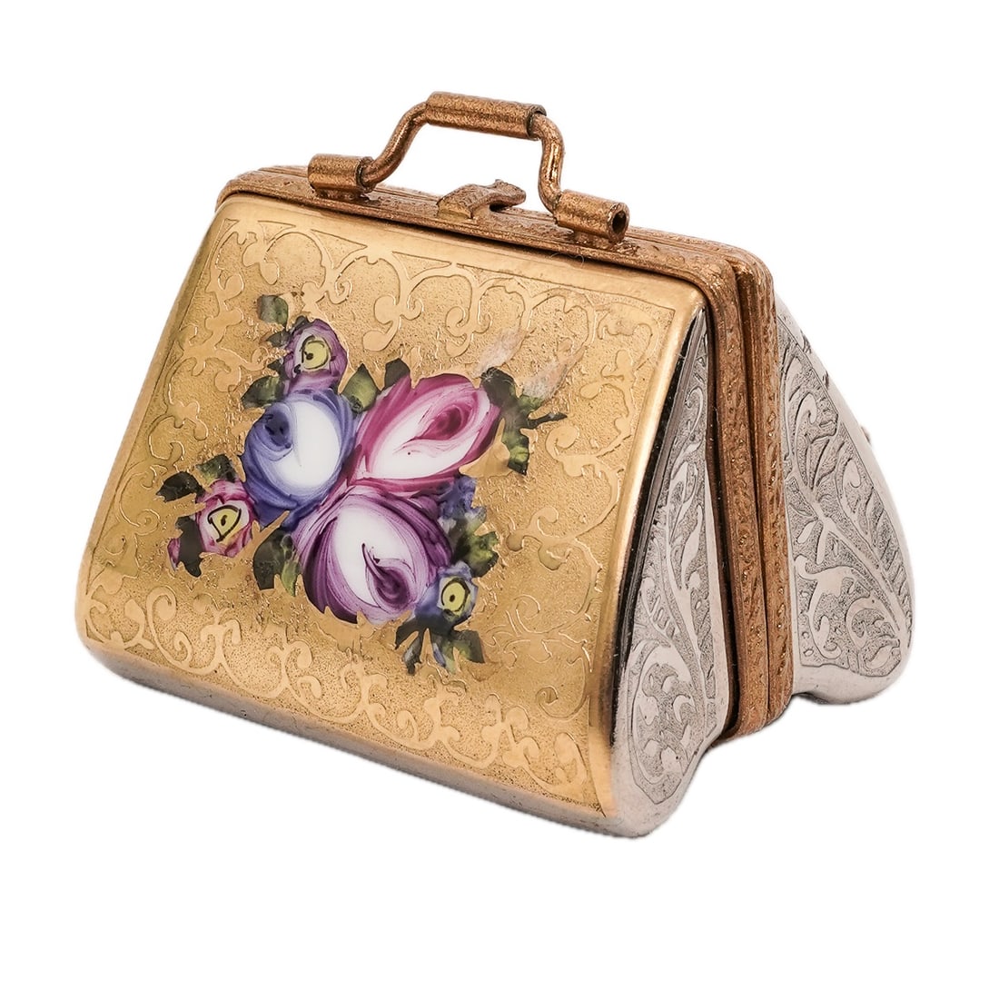 Limoges France Gilt Porcelain Trinket Box: Limoges France Gilt Porcelain Trinket Box20th century, FranceIntricately detailed miniature porcelain “gilded coach hand-bag” trinket box by Limoges in France with bronze trim and handle . Mar